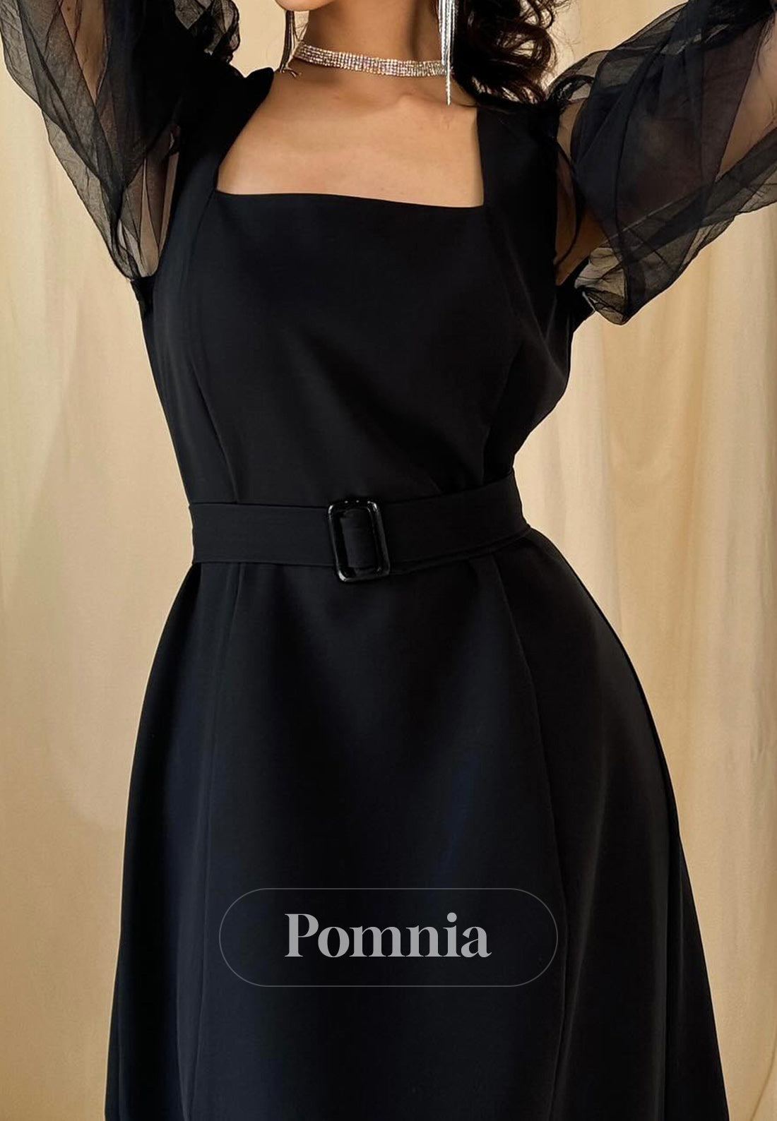 Black Long Sleeves Square A-Line Satin Evening Dress