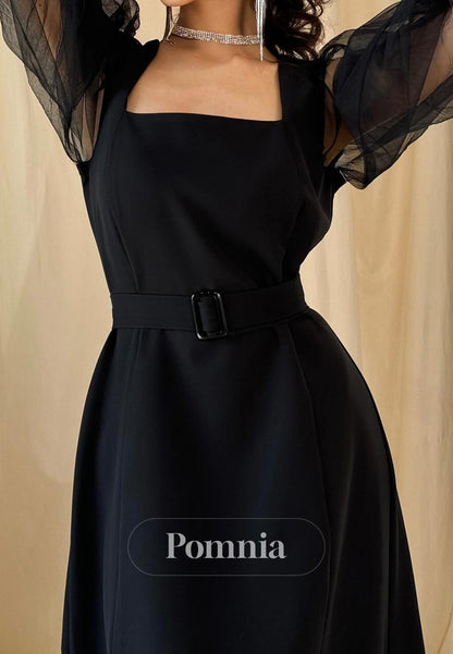 Black Long Sleeves Square A-Line Satin Evening Dress