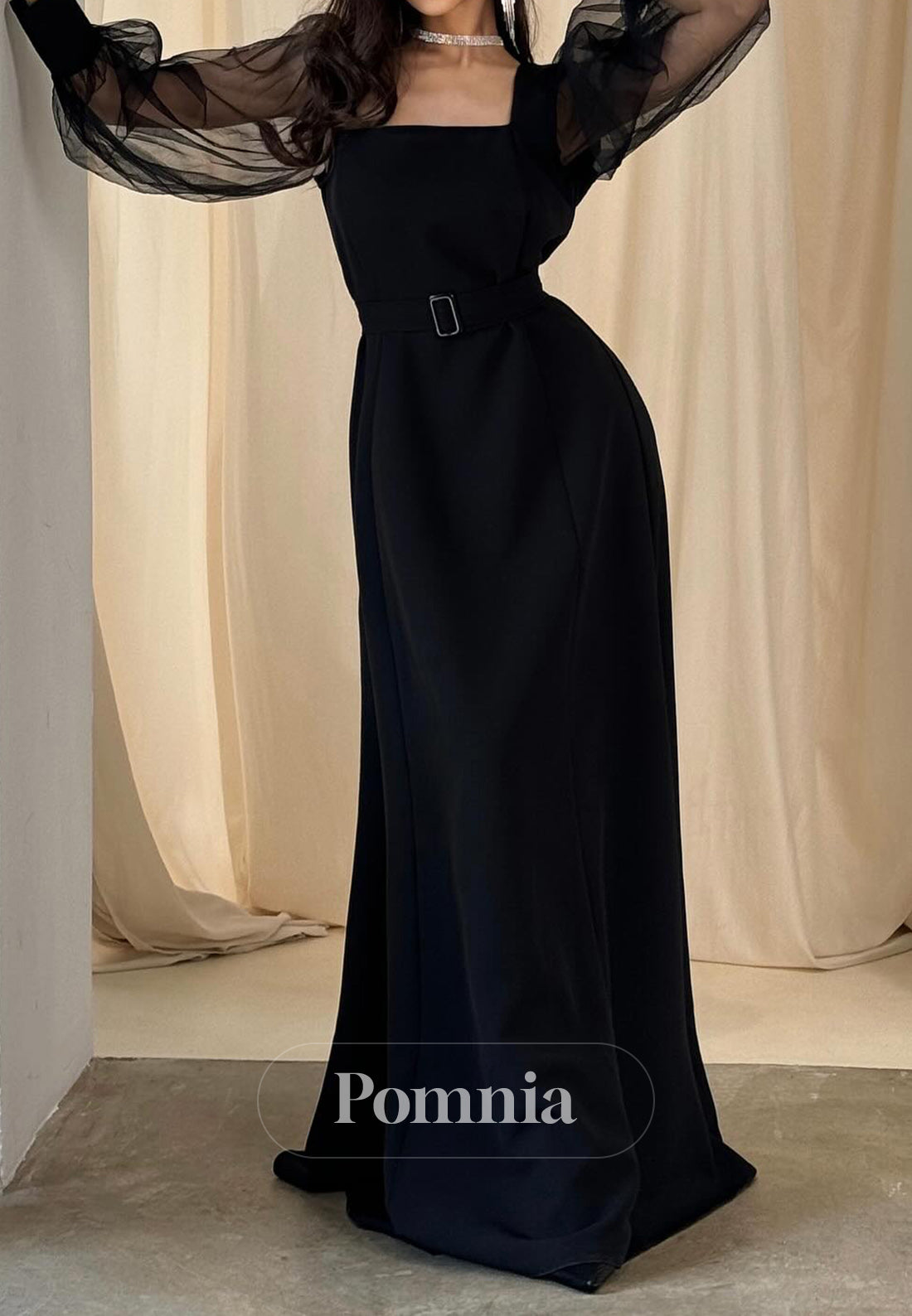 Black Long Sleeves Square A-Line Satin Evening Dress