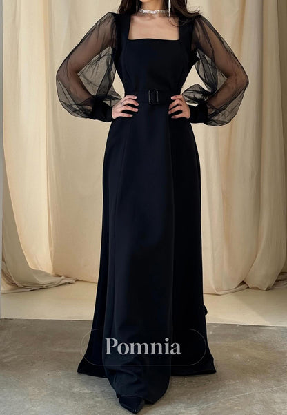 Black Long Sleeves Square A-Line Satin Evening Dress