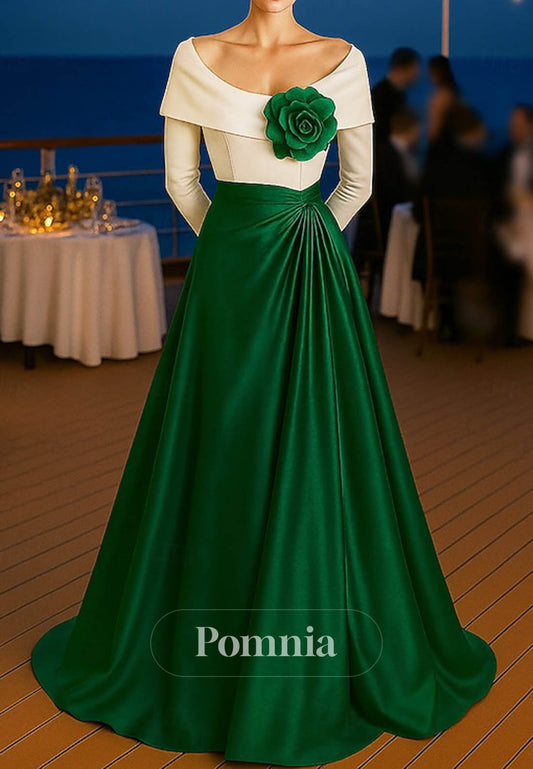 Longh Sleeevs Scoop Appliques Ruched Evening Dress