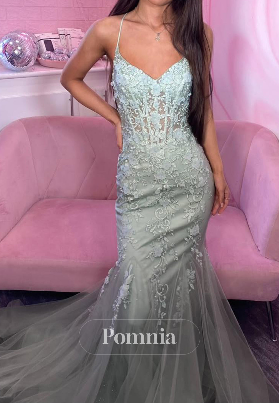 Grey Spaghetti Straps V-Neck Floral Appliques Mermaid Prom Dress