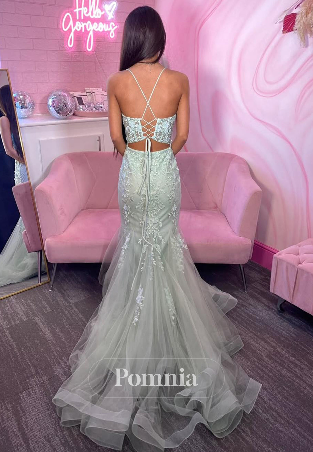 Grey Spaghetti Straps V-Neck Floral Appliques Mermaid Prom Dress