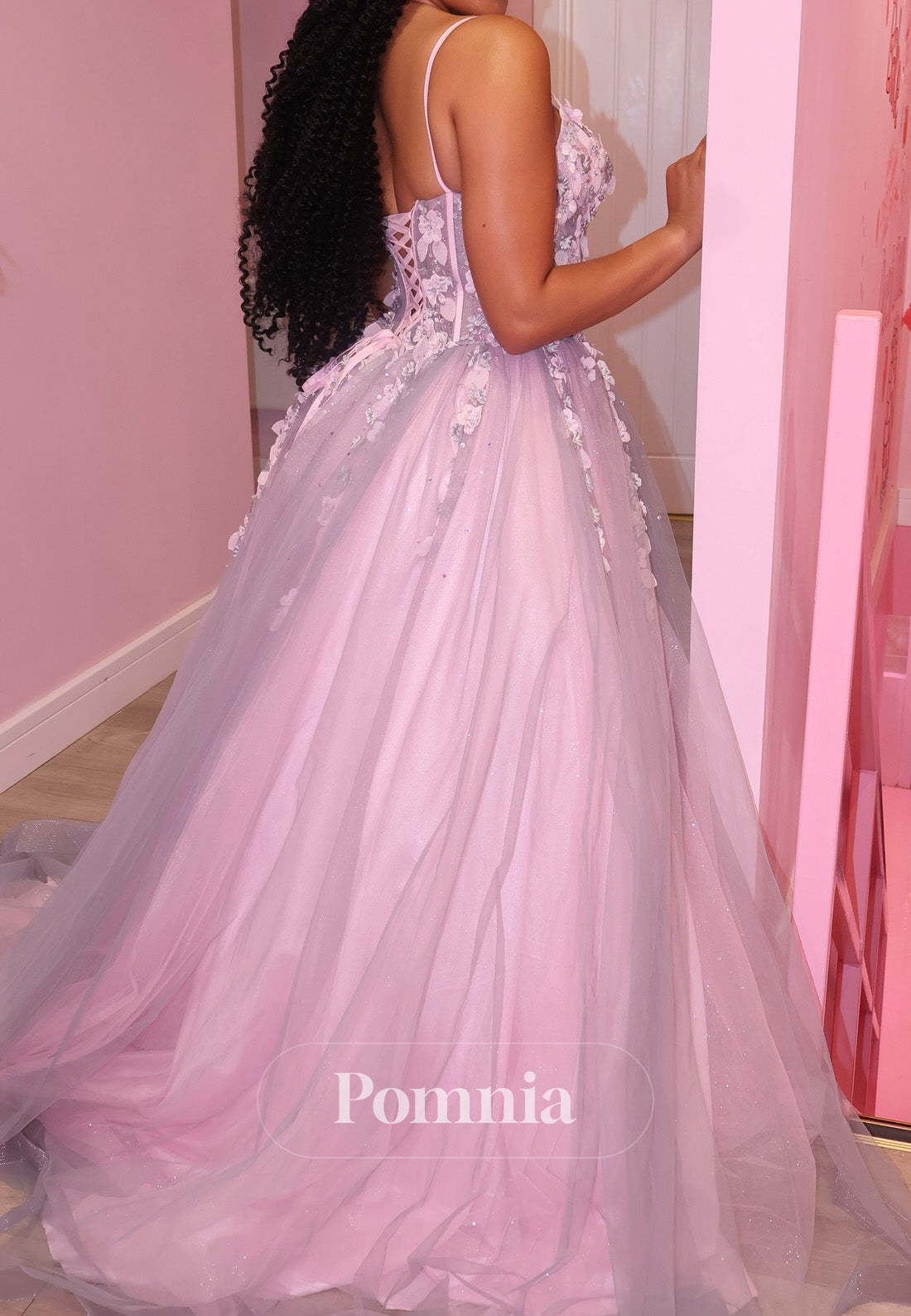 Blushing Pink Spaghetti Straps Sweetheart Appliques Lace Prom Dress