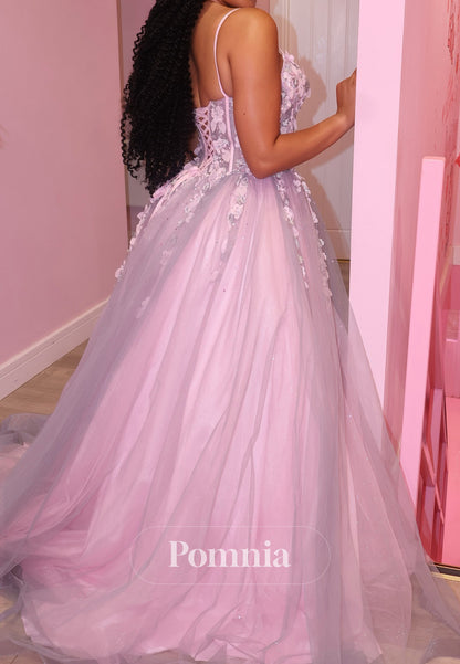 Blushing Pink Spaghetti Straps Sweetheart Appliques Lace Prom Dress