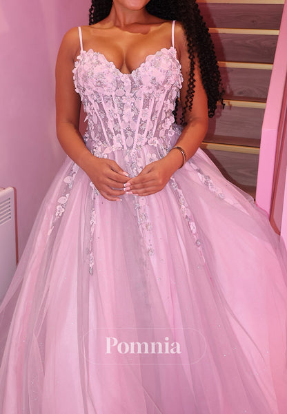Blushing Pink Spaghetti Straps Sweetheart Appliques Lace Prom Dress