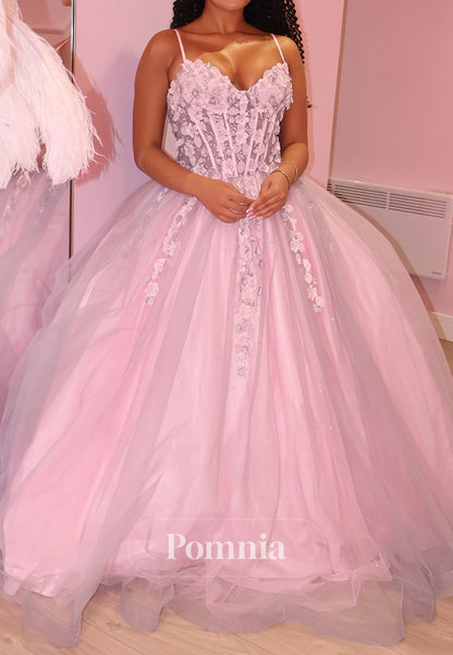 Blushing Pink Spaghetti Straps Sweetheart Appliques Lace Prom Dress