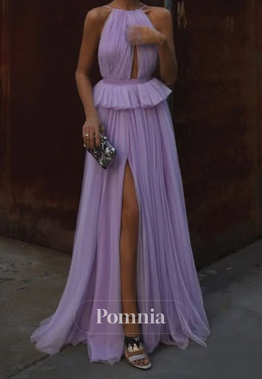 Lilac Halter Sleeveless Prom Dress with Slit Evening Party Dress