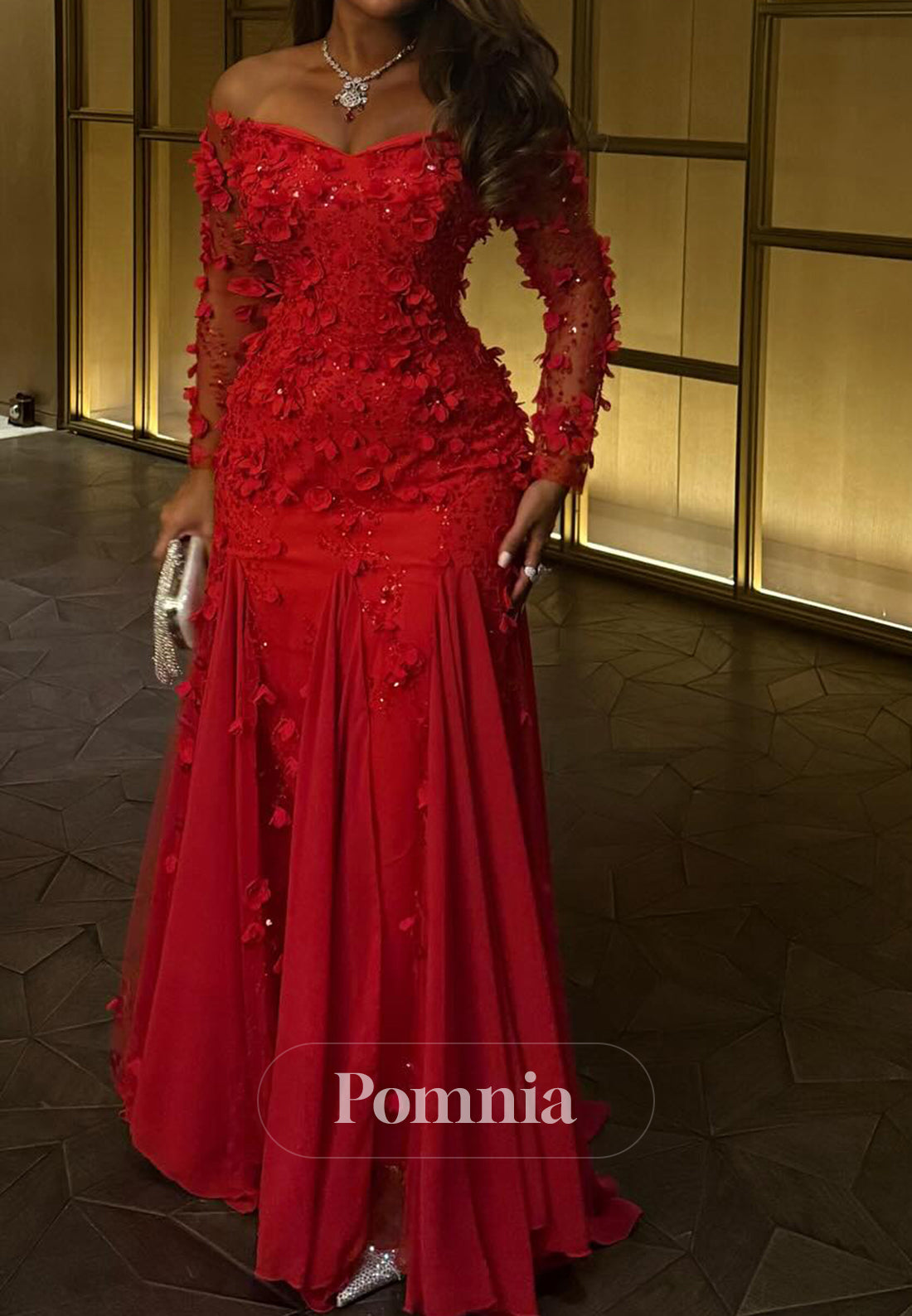 Red Long Sleeves Off-Shoulder Floral Appliques A-Line Prom Dress