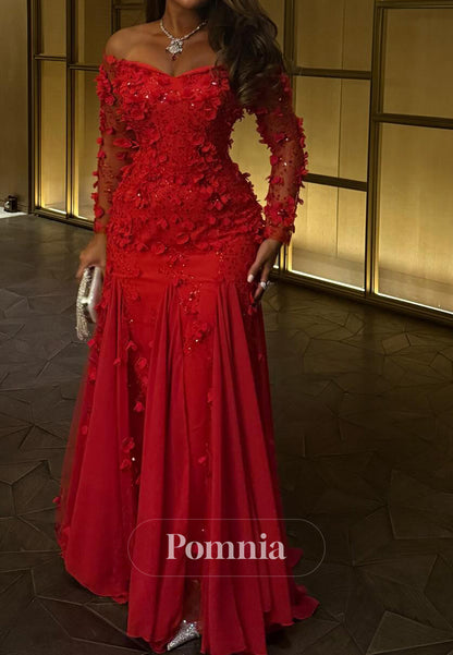 Red Long Sleeves Off-Shoulder Floral Appliques A-Line Prom Dress