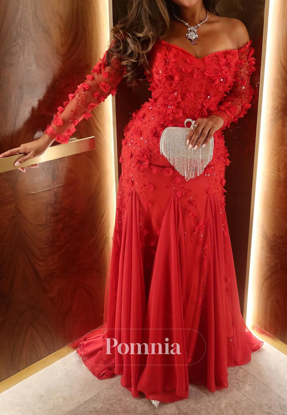 Red Long Sleeves Off-Shoulder Floral Appliques A-Line Prom Dress