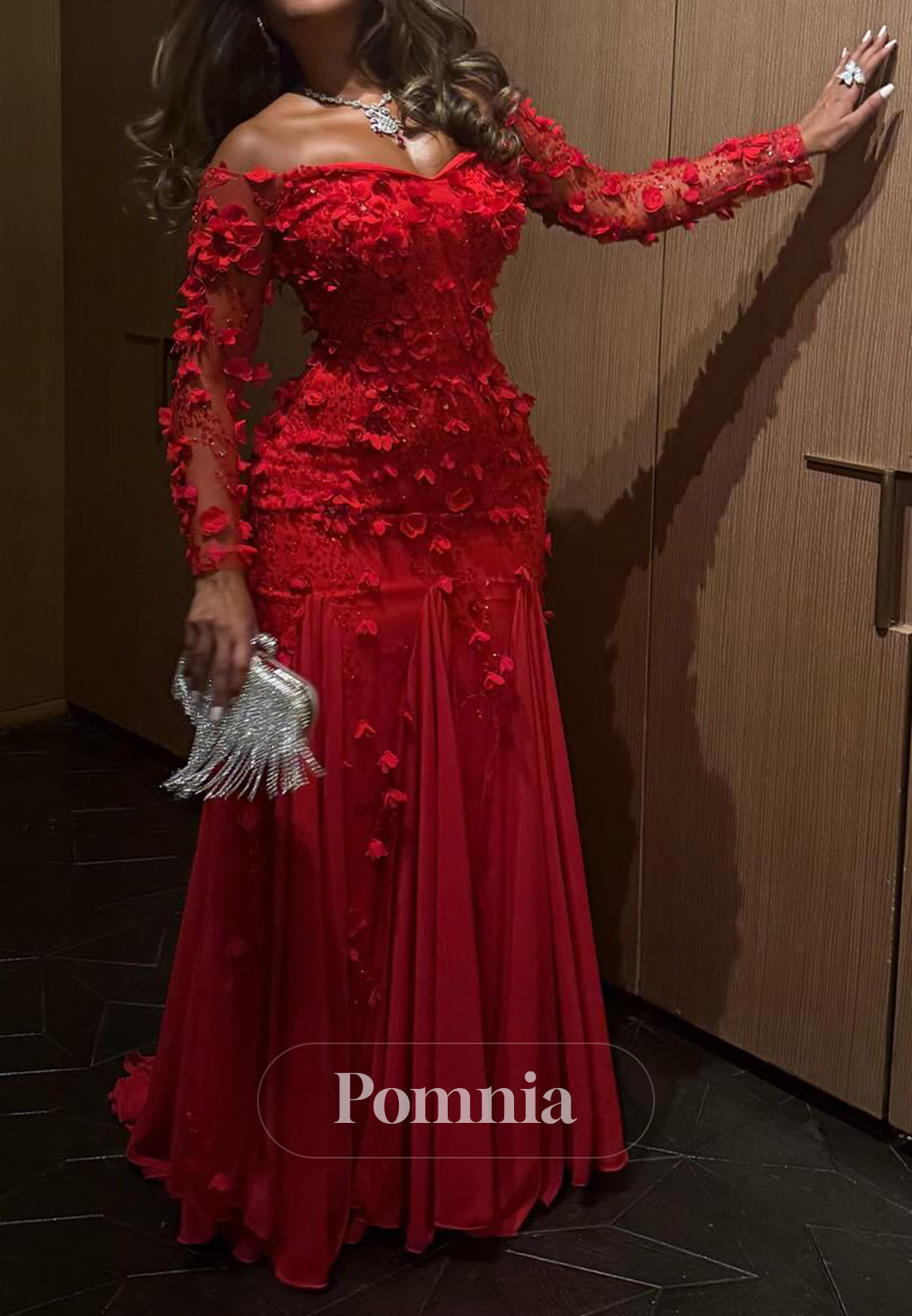 Red Long Sleeves Off-Shoulder Floral Appliques A-Line Prom Dress