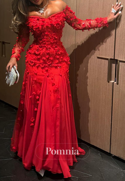 Red Long Sleeves Off-Shoulder Floral Appliques A-Line Prom Dress