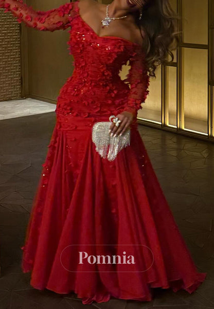 Red Long Sleeves Off-Shoulder Floral Appliques A-Line Prom Dress