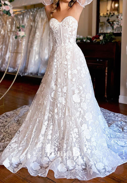 Charming Long Sleeves Sweetheart Floral Appliques Wedding Dress