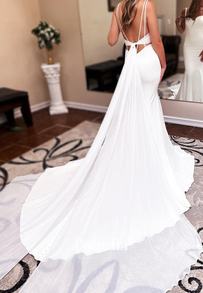 Spaghetti Straps Sweetheart Backless Sweep Train Wedding Dress