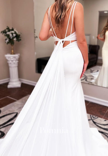 Spaghetti Straps Sweetheart Backless Sweep Train Wedding Dress