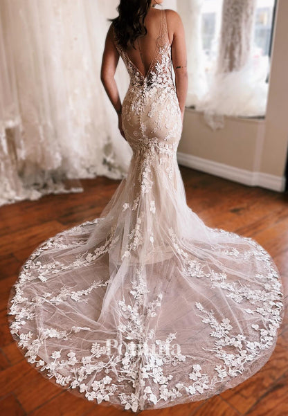 Charming Spaghetti Straps V-Neck Floral Appliques Mermaid Wedding Dress