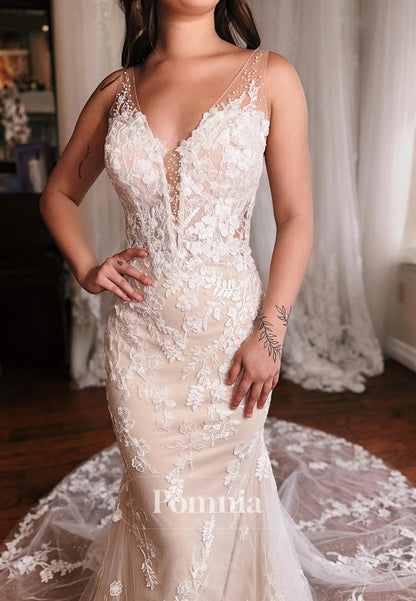 Charming Spaghetti Straps V-Neck Floral Appliques Mermaid Wedding Dress