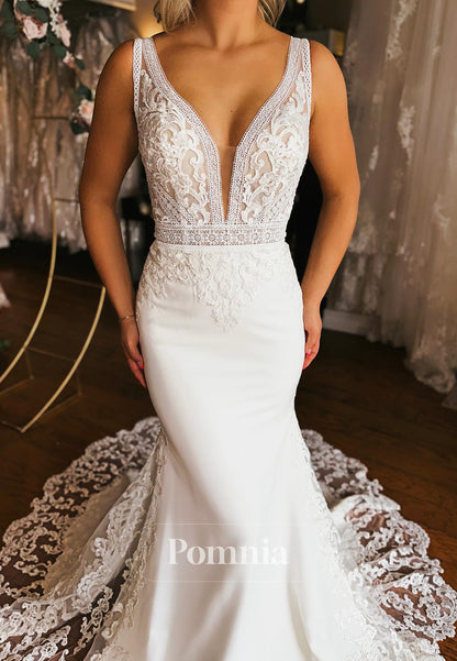 Elegant Long Sleeves V-Neck Sweep Train Mermaid Wedding Dress