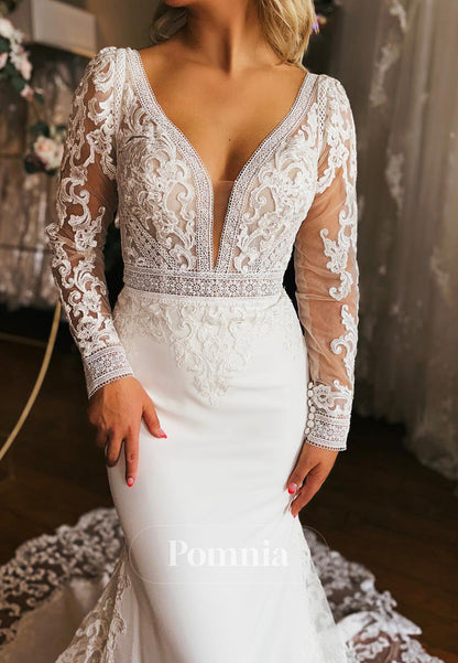 Elegant Long Sleeves V-Neck Sweep Train Mermaid Wedding Dress