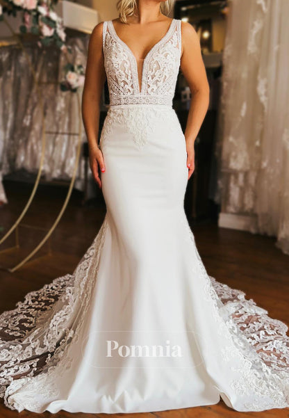 Elegant Long Sleeves V-Neck Sweep Train Mermaid Wedding Dress