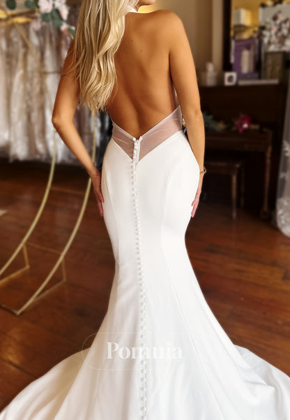 Halter Sleeveless Backless Sweep Train Wedding Dress