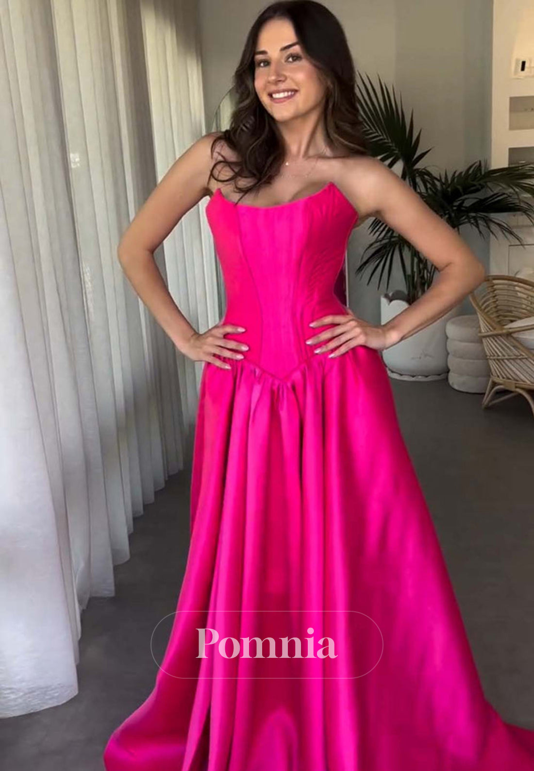 Fuchsia Strapless Sleeveless Long Bright Lace-Up Back Prom Party Dress