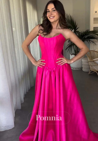 Fuchsia Strapless Sleeveless Long Bright Lace-Up Back Prom Party Dress