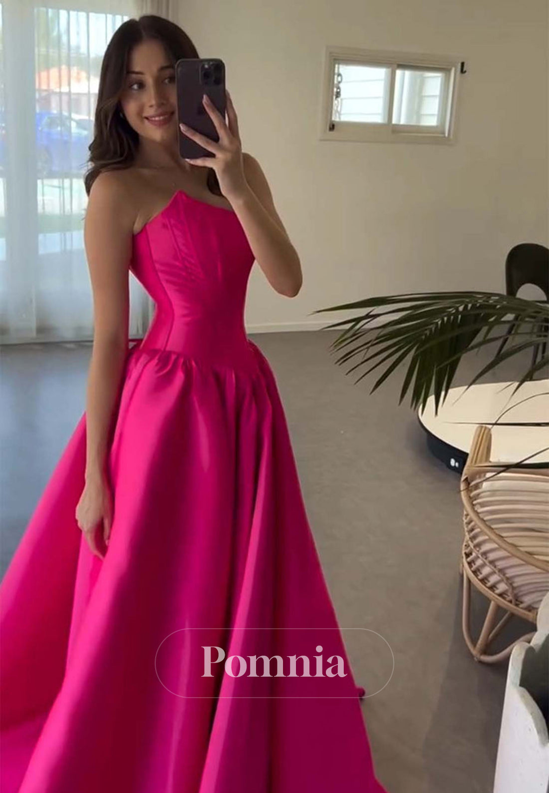 Fuchsia Strapless Sleeveless Long Bright Lace-Up Back Prom Party Dress
