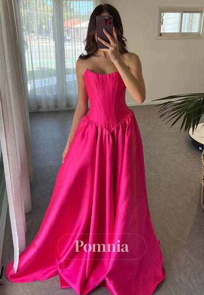 Fuchsia Strapless Sleeveless Long Bright Lace-Up Back Prom Party Dress