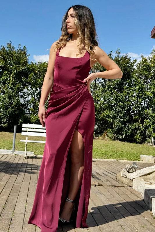 Burgundy Satin Formal Gown for Wedding Guests Maxi Dress Square Neck