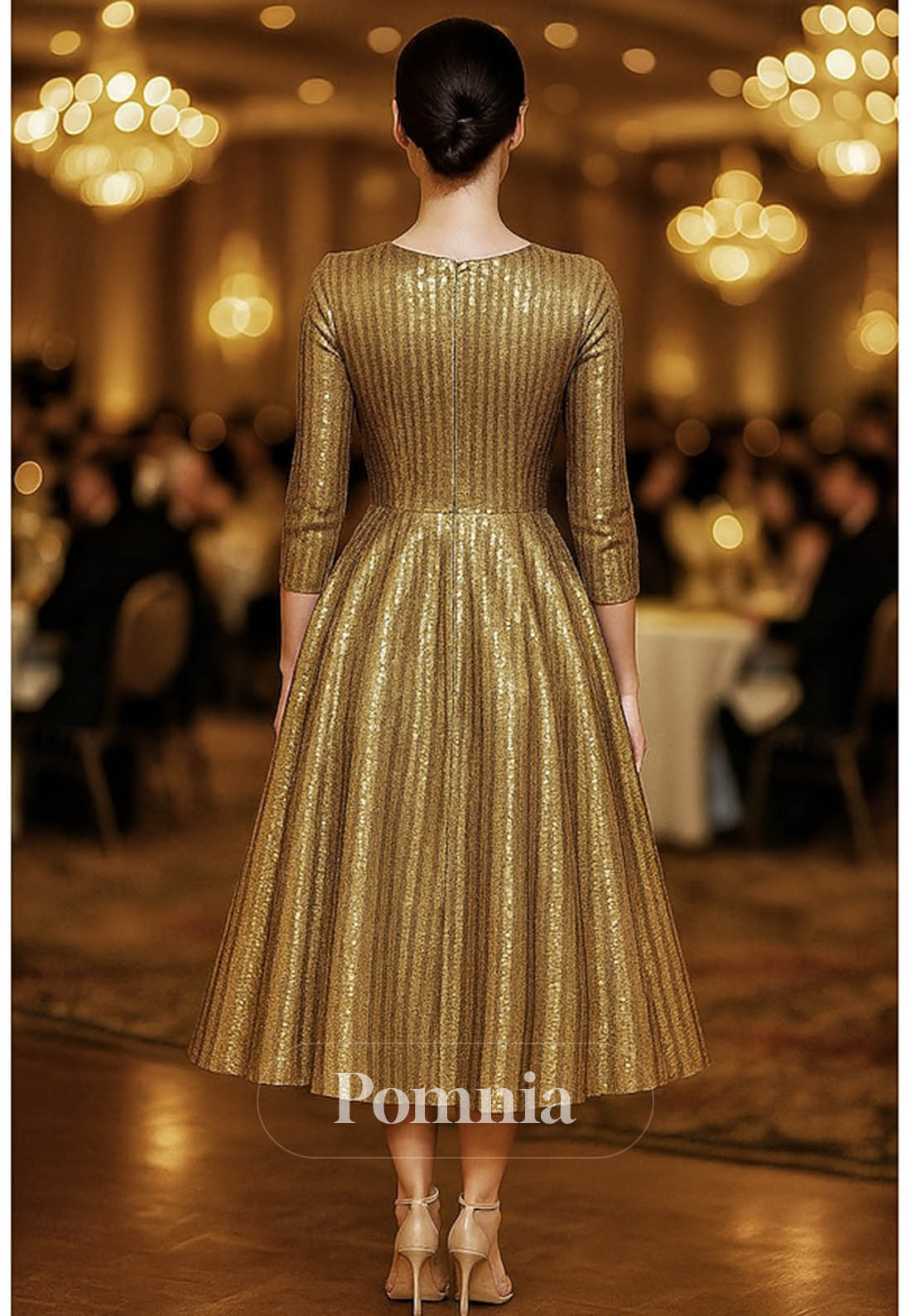 Sparkly Long Sleeves Scoop Empire-Waist Evening Dress