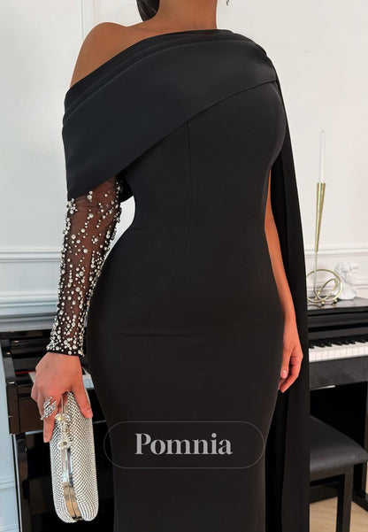 Black Long Sleeves Asymmetrical Mermaid Evening Dress