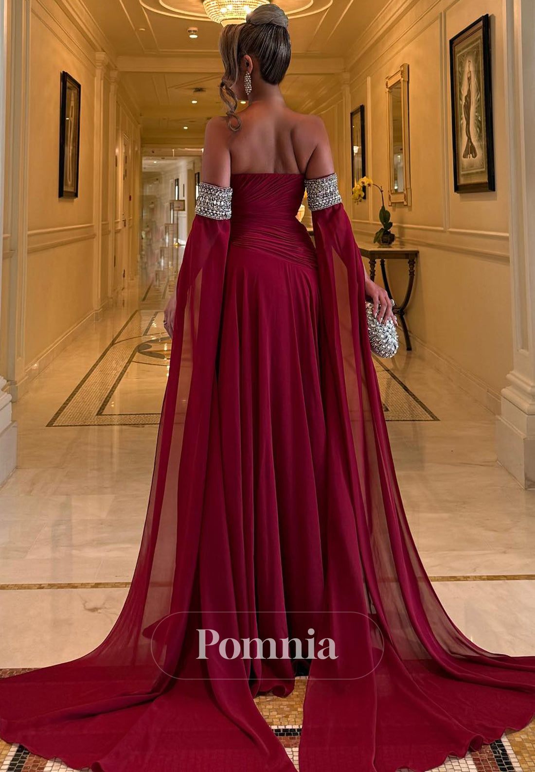 Burgundy Off-Shoulder Cap Sleeves Chiffon Evening Dress