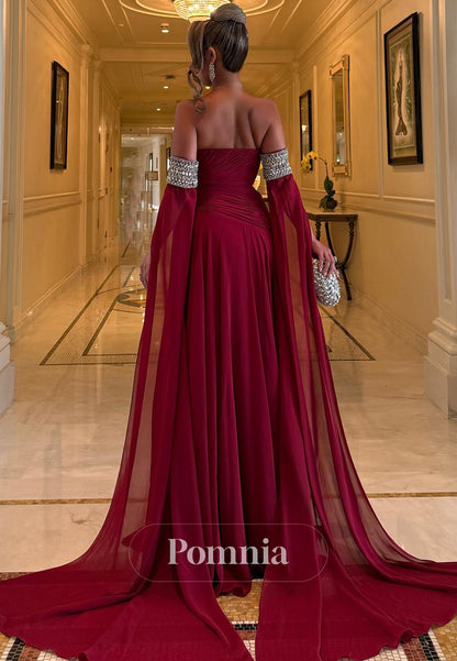 Burgundy Off-Shoulder Cap Sleeves Chiffon Evening Dress
