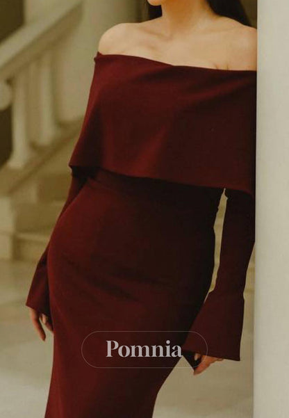 Burgundy Long Sleeves Off-Shoulder Floor-Length Evening Dress