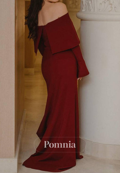 Burgundy Long Sleeves Off-Shoulder Floor-Length Evening Dress