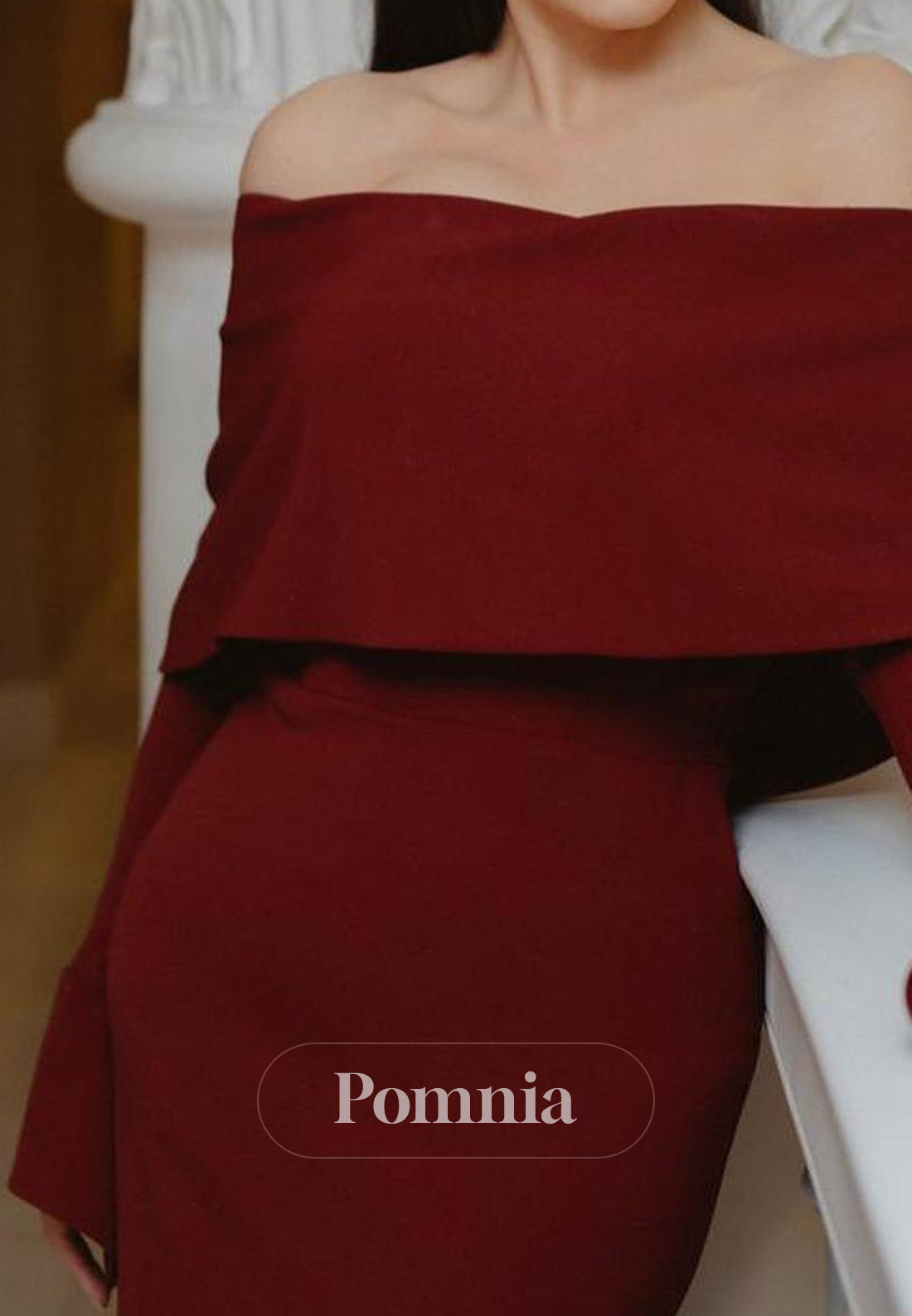 Burgundy Long Sleeves Off-Shoulder Floor-Length Evening Dress