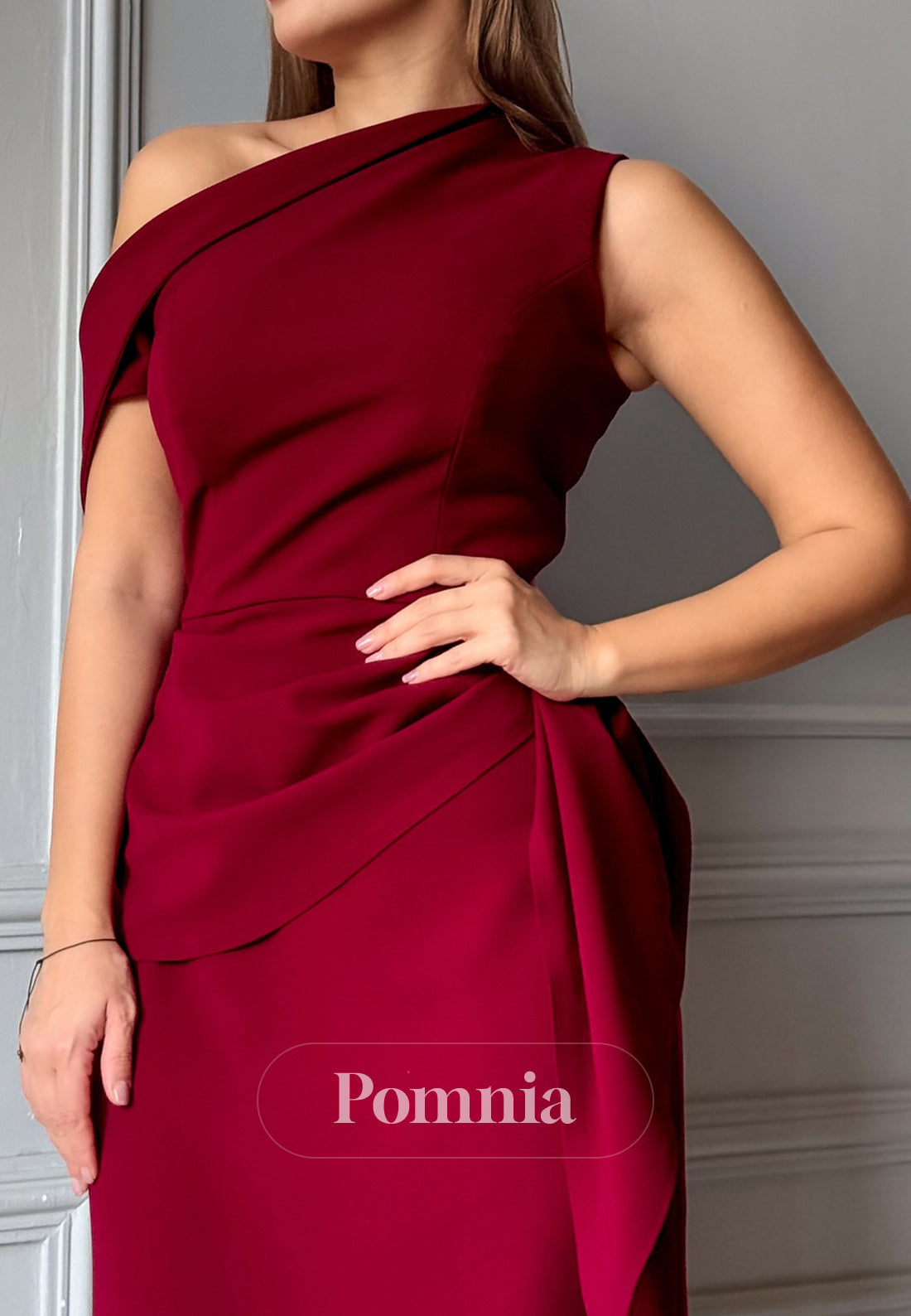 Burgundy One Shoulder Sleeveless Ruched Evening Dress