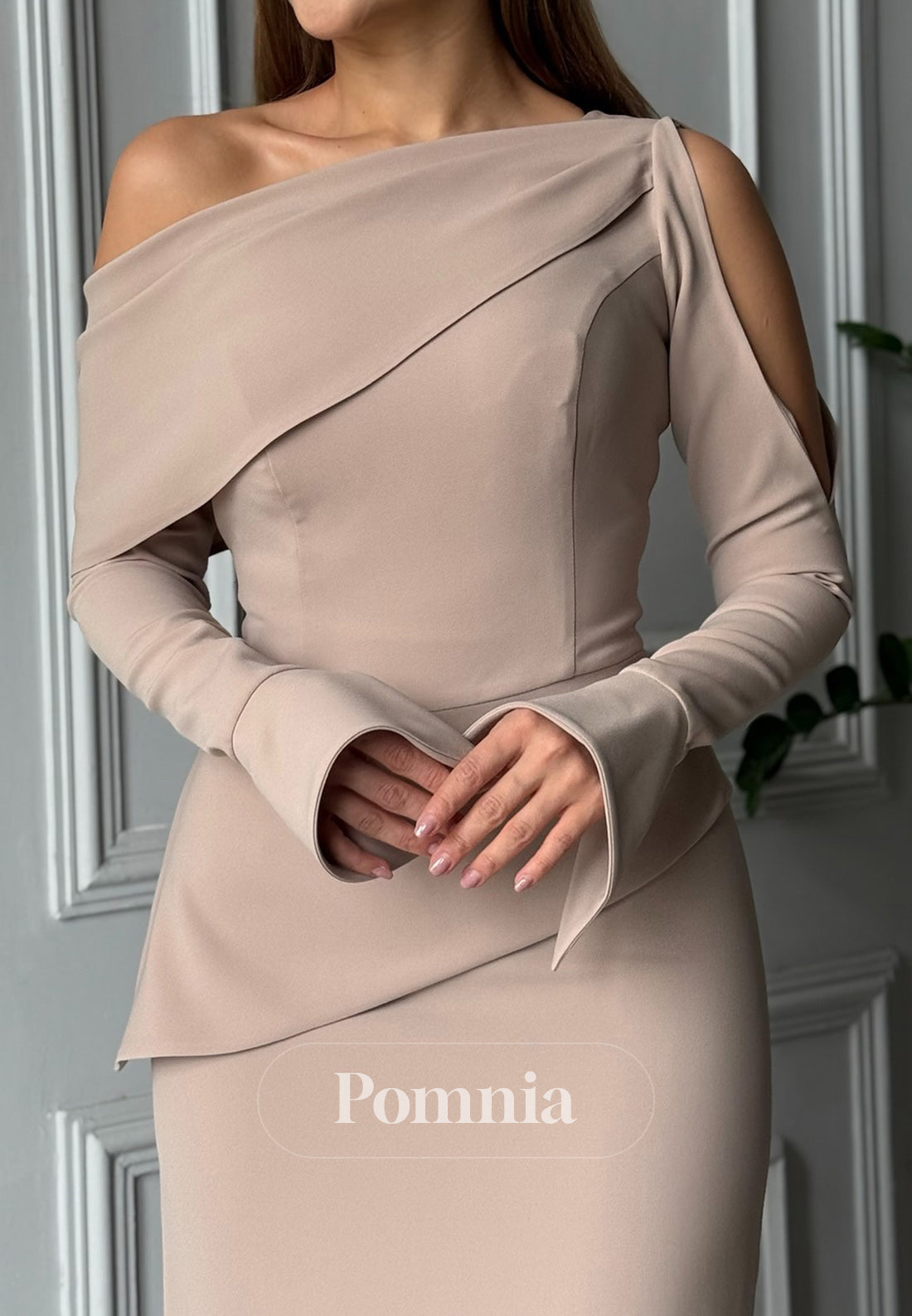 Long Sleeves Asymmetrical Ruched Floor-Length Evening Dress