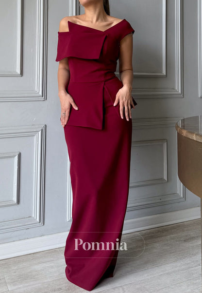 Burgundy One Shoulder Sleeveless Ruched Evening Dress