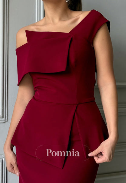Burgundy One Shoulder Sleeveless Ruched Evening Dress