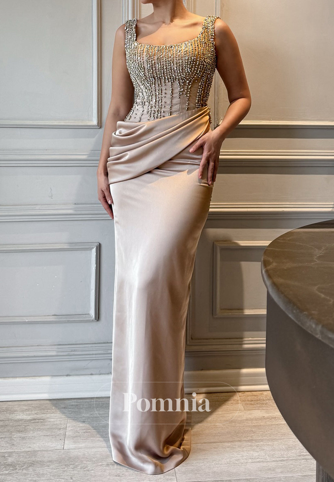 A-Line Spaghetti Straps Scoop Beads Ruched Evening Dress