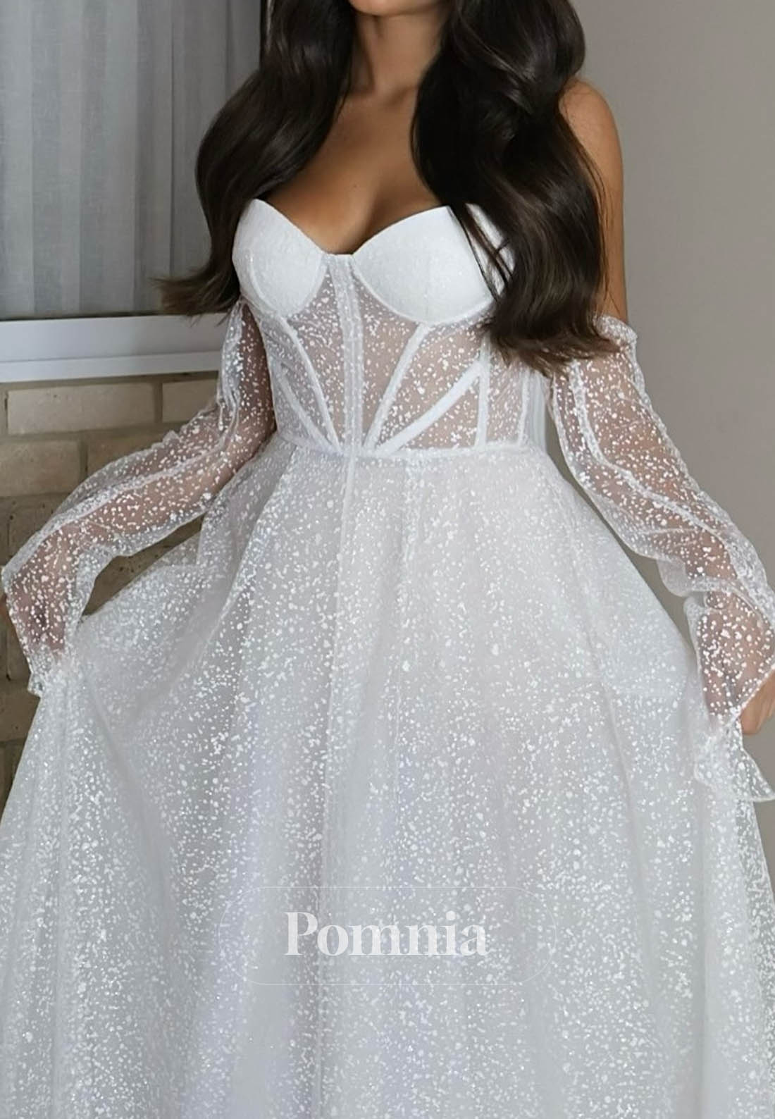 A-Line Sweetheart Long Sleeves Empire-Waist Lace Wedding Dress
