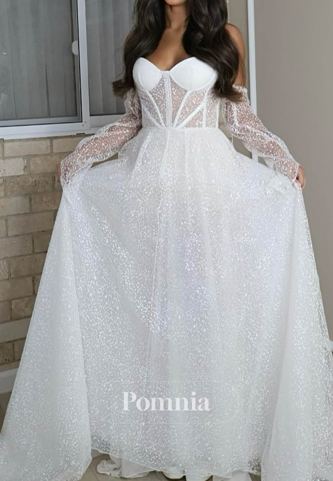 A-Line Sweetheart Long Sleeves Empire-Waist Lace Wedding Dress