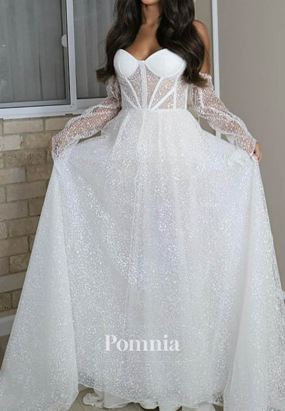 A-Line Sweetheart Long Sleeves Empire-Waist Lace Wedding Dress