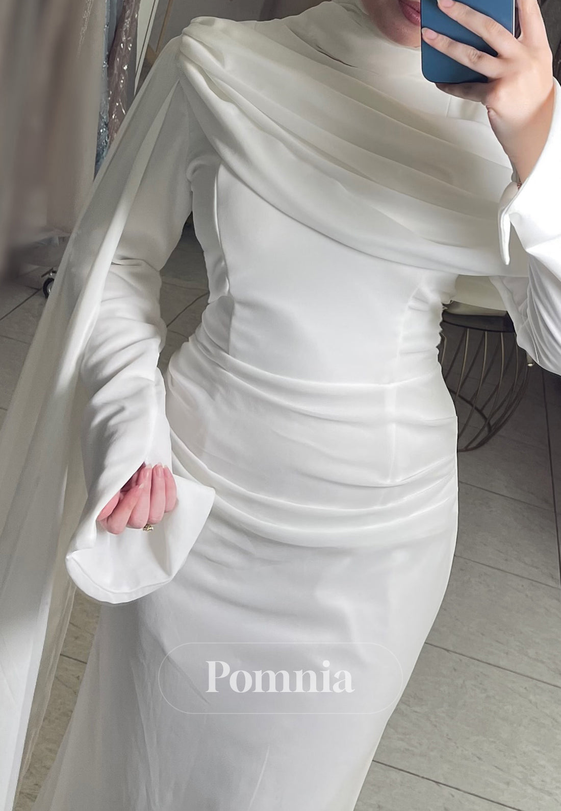 White Long Sleeves High Neck Ruched Evening Dress