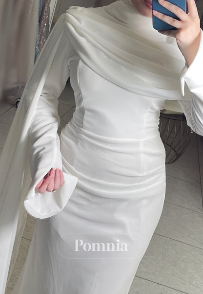 White Long Sleeves High Neck Ruched Evening Dress