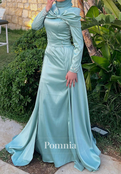 Caribbean Long Sleeves High Neck Ruched Evening Dress